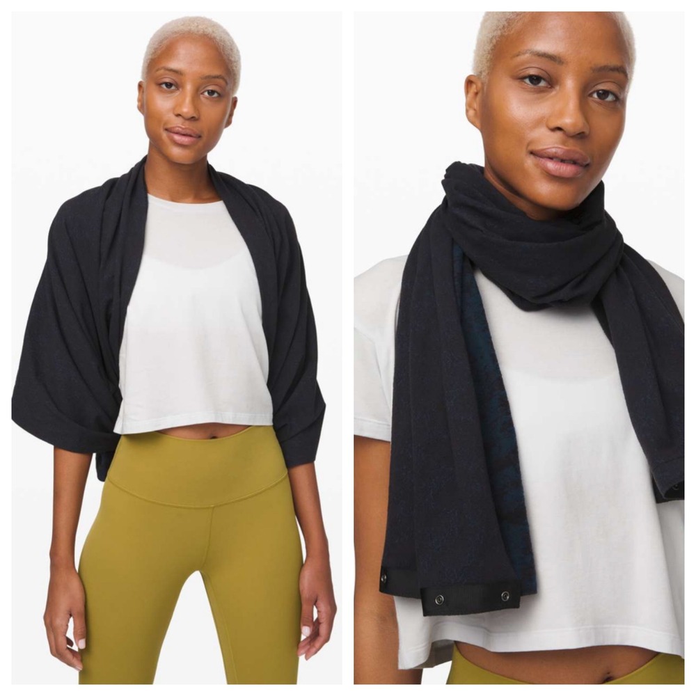 Lululemon Vinyasa Scarf Black Teal Heathered Snap Multi Wear Infinity Wrap‎ O/S